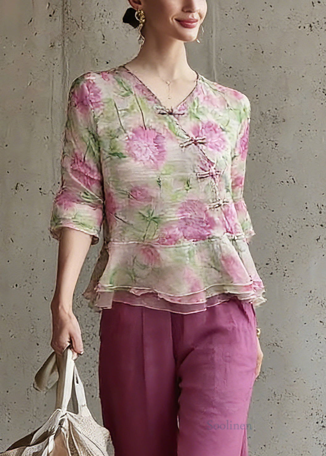 Natural V Neck Print Top and Pants Two Pieces Set Spring