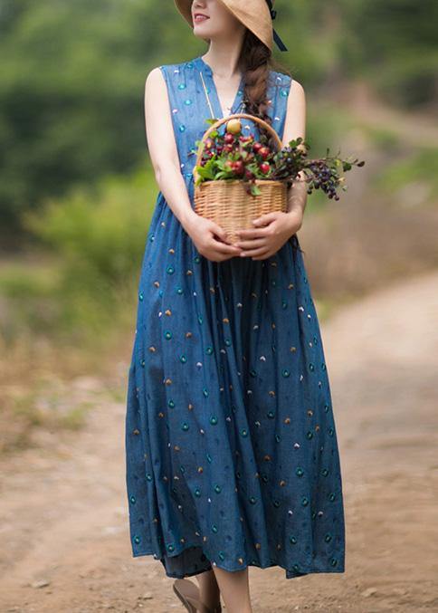 Natural V Neck Sleeveless Summer Clothes Ideas Blue Embroidery Maxi Dresses