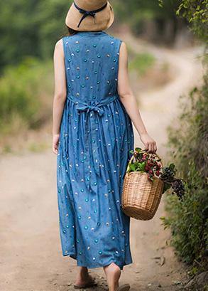 Natural V Neck Sleeveless Summer Clothes Ideas Blue Embroidery Maxi Dresses