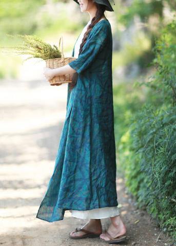 Natural V Neck Spring Quilting Clothes Blue Green Print Long Dresses