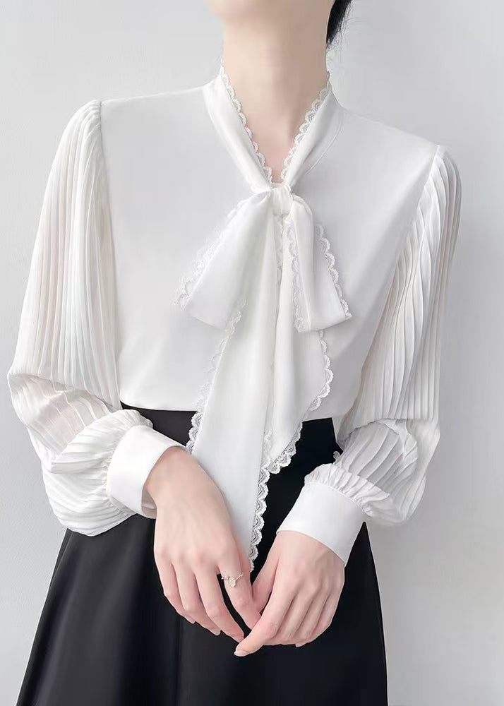 Natural White Bow Wrinkled Chiffon Tops Spring