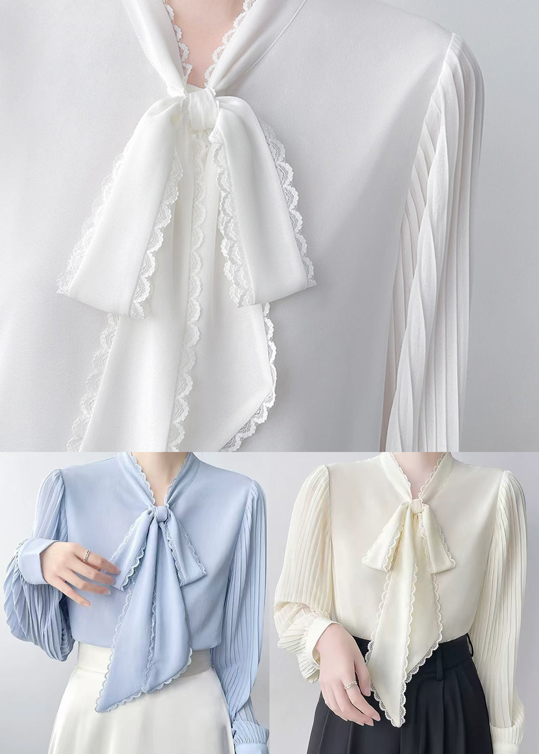 Natural White Bow Wrinkled Chiffon Tops Spring