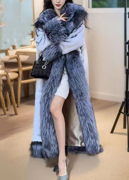 Natural White Fox Collar Tie Waist Leather and Fur Maxi Coats Spring