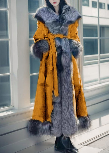 Natural White Fox Collar Tie Waist Leather and Fur Maxi Coats Spring