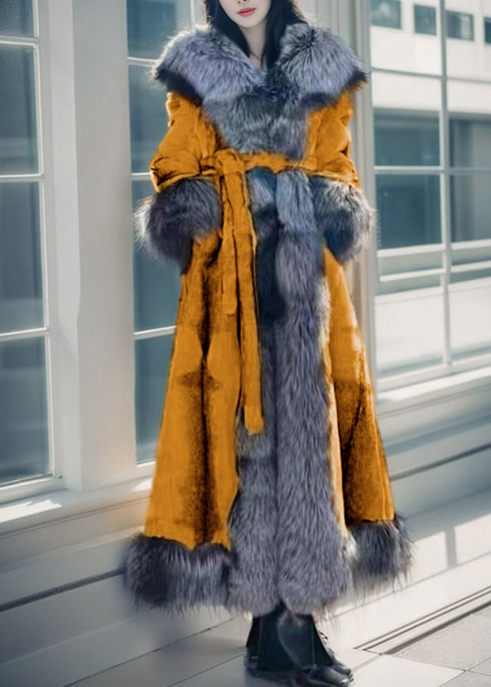 Natural White Fox Collar Tie Waist Leather and Fur Maxi Coats Spring