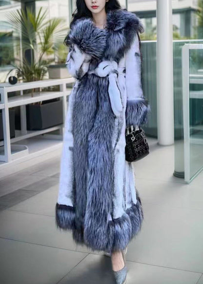 Natural White Fox Collar Tie Waist Leather and Fur Maxi Coats Spring