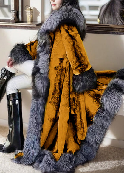 Natural White Fox Collar Tie Waist Leather and Fur Maxi Coats Spring