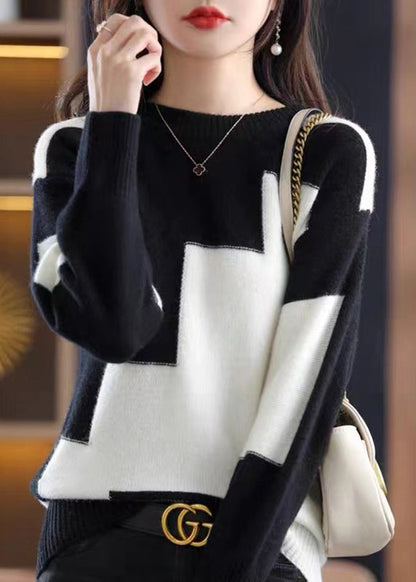 Natural White O-neck Patchwork Thick Cashmere Knit Sweater Fall