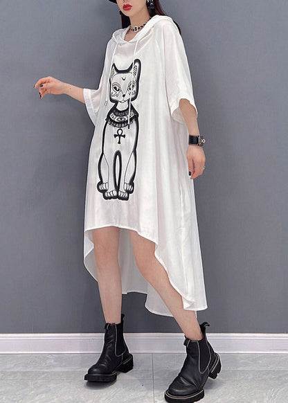 Natural White O-neck Print Low High Design Chiffon Hooded Dress Three Quarter Sleeve
