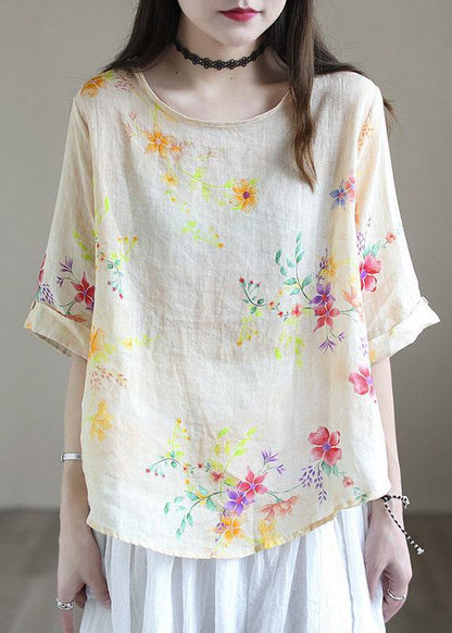Natural White O-neck Print Patchwork Summer Ramie Shirt Tops