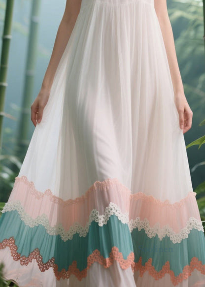 Natural White Patchwork Exra Large Hem Tulle Long Dress Summer
