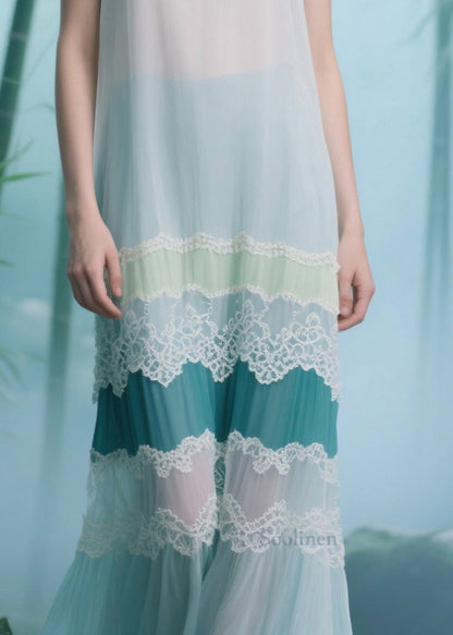 Natural White Patchwork Lace Tulle Long Dresses Sleeveless