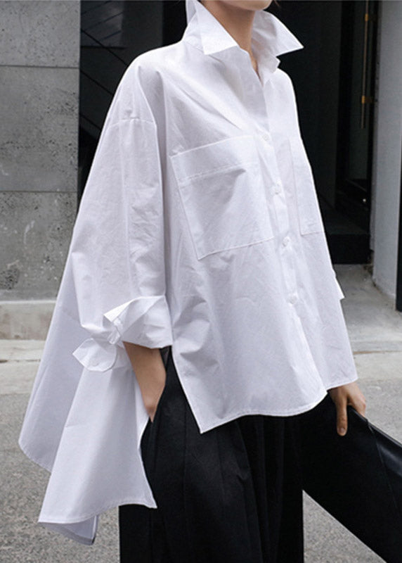 Natural Red Dot Peter Pan Collar Low High Design Button Pockets Cotton Shirts Long Sleeve