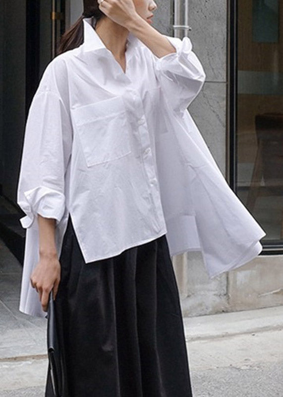 Natural Black Dot Peter Pan Collar Low High Design Button Pockets Cotton Shirts Long Sleeve