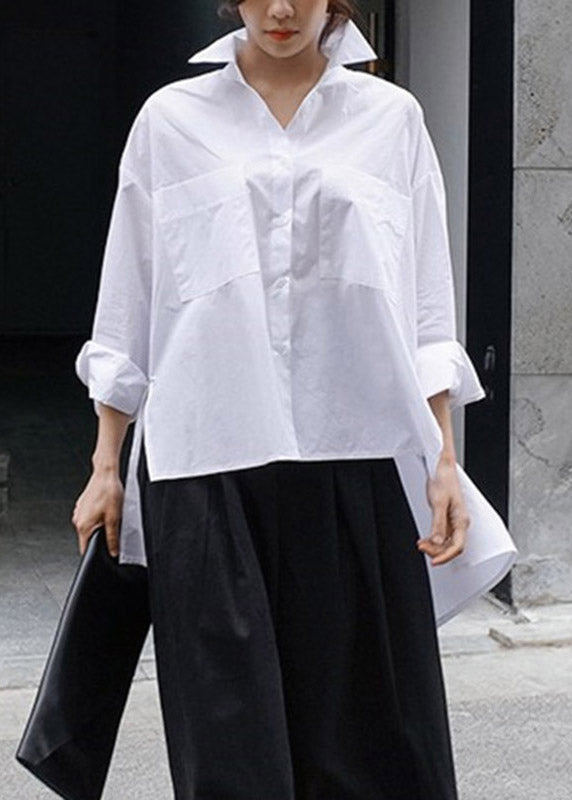 Natural Yellow Dot Peter Pan Collar Low High Design Button Pockets Cotton Shirts Long Sleeve