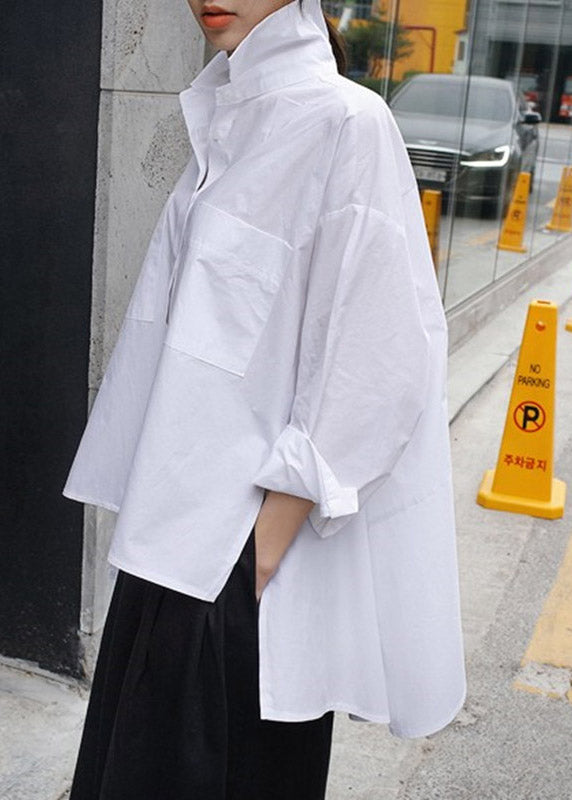 Natural Black Dot Peter Pan Collar Low High Design Button Pockets Cotton Shirts Long Sleeve