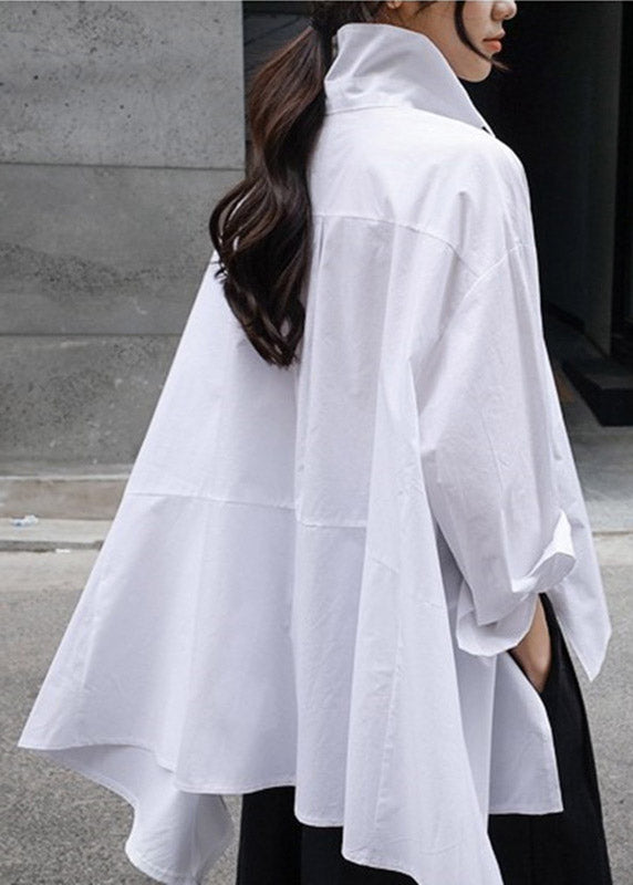 Natural Yellow Dot Peter Pan Collar Low High Design Button Pockets Cotton Shirts Long Sleeve