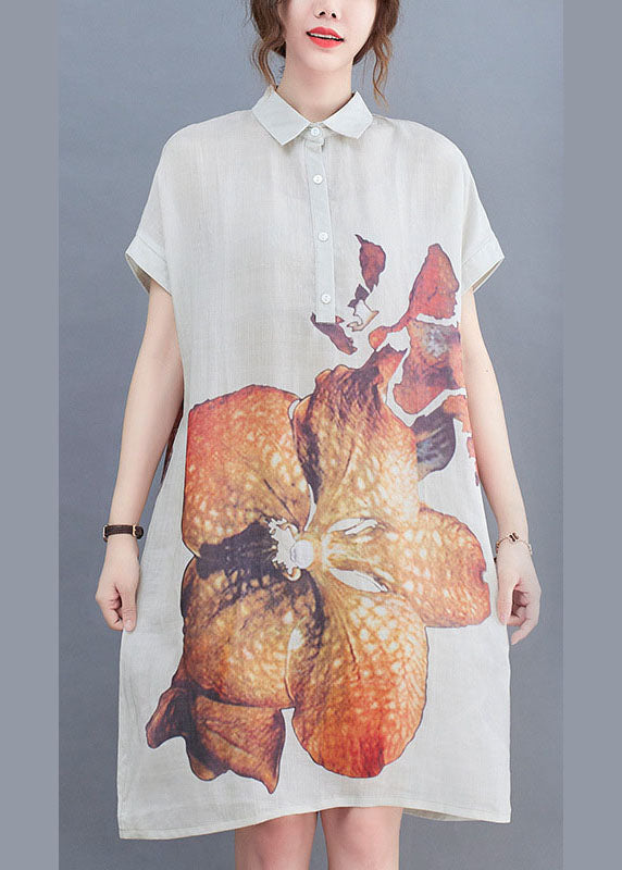 Natural White Peterpan Collar Button Print Summer Short Sleeve Dress