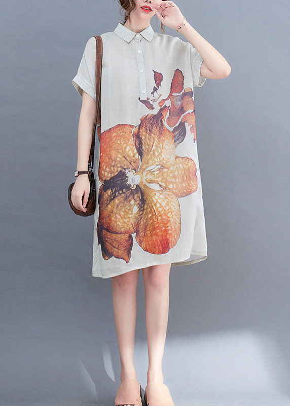 Natural White Peterpan Collar Button Print Summer Short Sleeve Dress