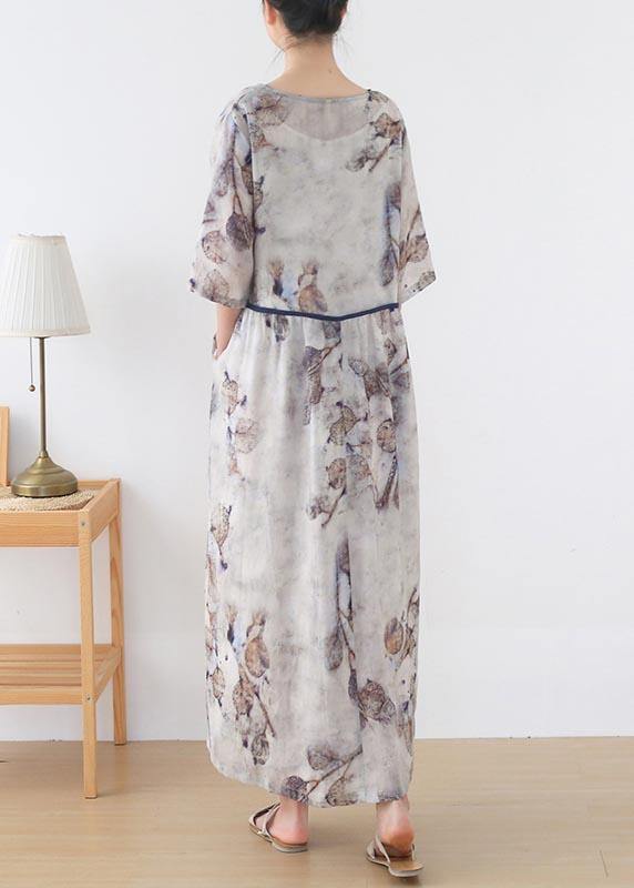 Natural White Print Cinched Summer Linen Dress
