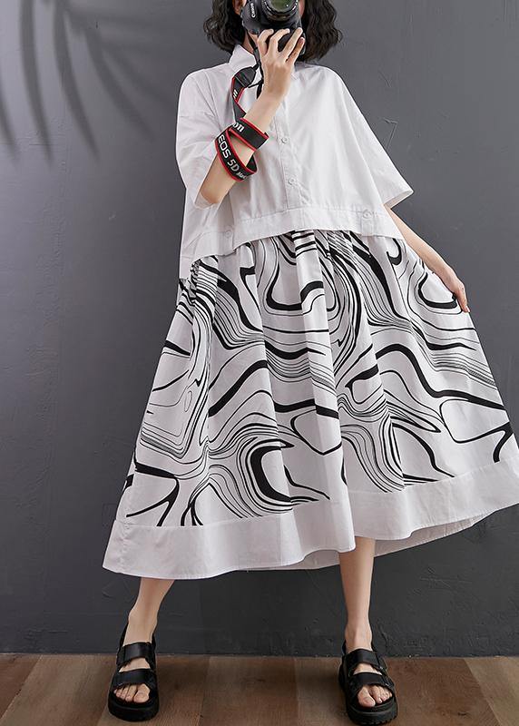 Natural White Print Patchwork Button Mid Dress Summer