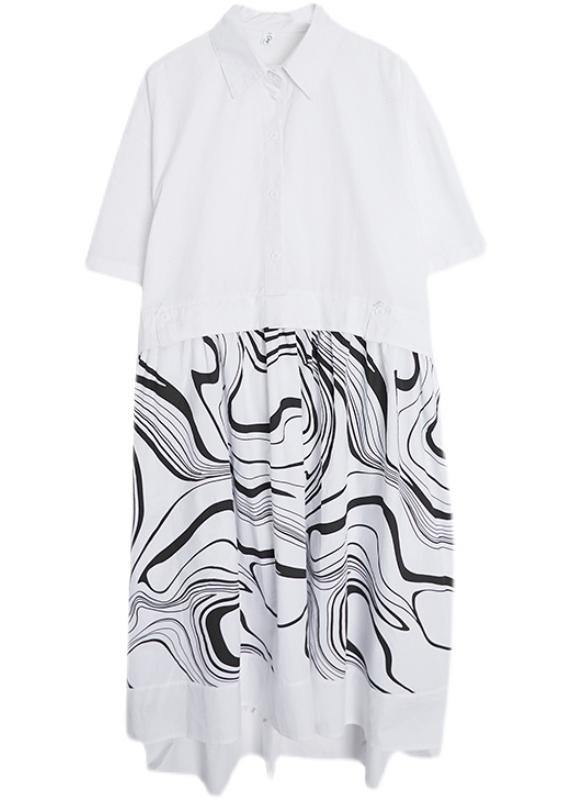 Natural White Print Patchwork Button Mid Dress Summer