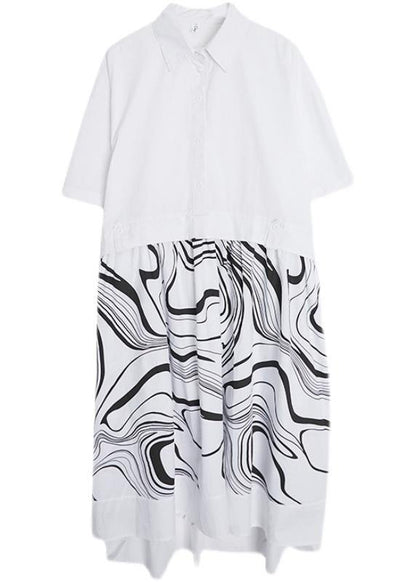 Natural White Print Patchwork Button Mid Dress Summer
