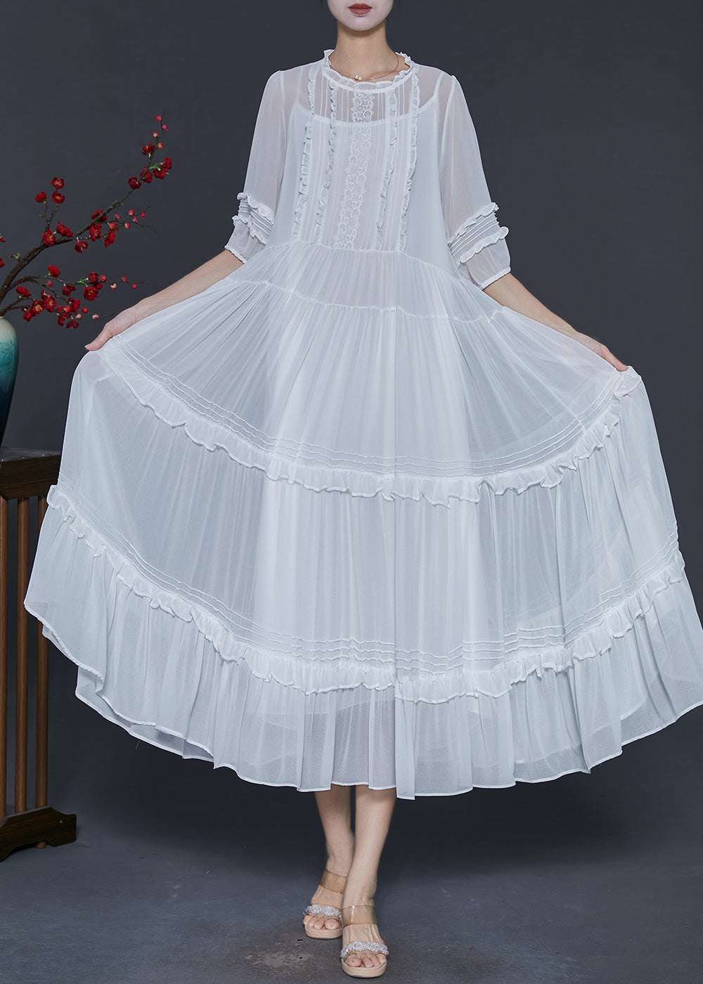 Natural White Ruffled Chiffon a L Ine Dresses Summer