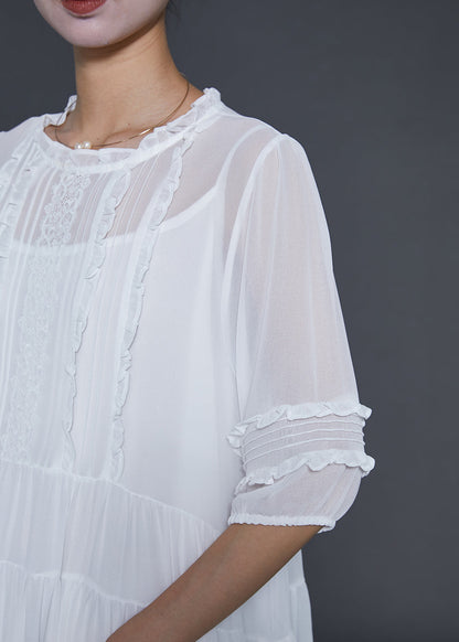Natural White Ruffled Chiffon a L Ine Dresses Summer