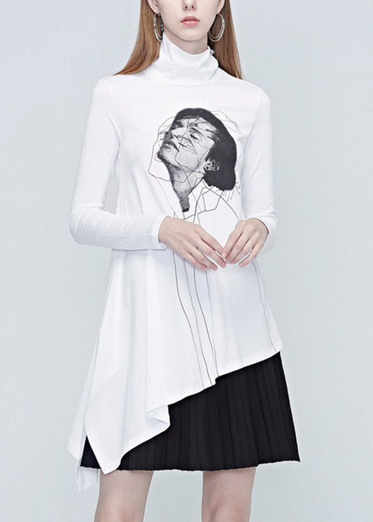 Natural White Turtleneck Belle Print Wrinkled Tops Fall
