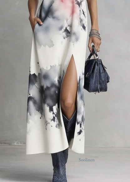 Natural White V Neck Tie Dye Maxi Dress Summer