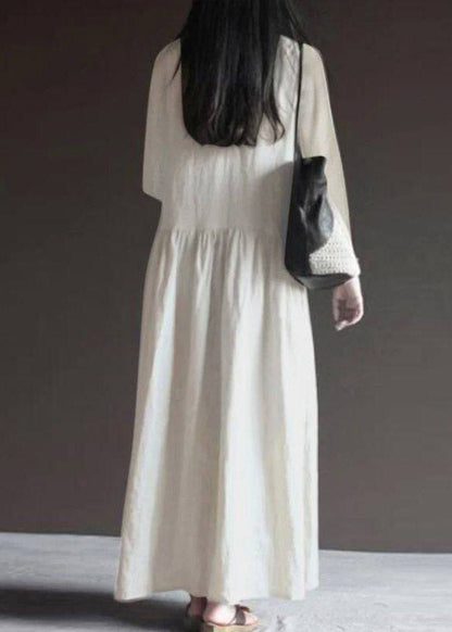 Natural White Wrinkled Patchwork Maxi Dress Long Sleeve