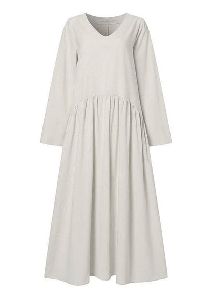 Natural White Wrinkled Patchwork Maxi Dress Long Sleeve
