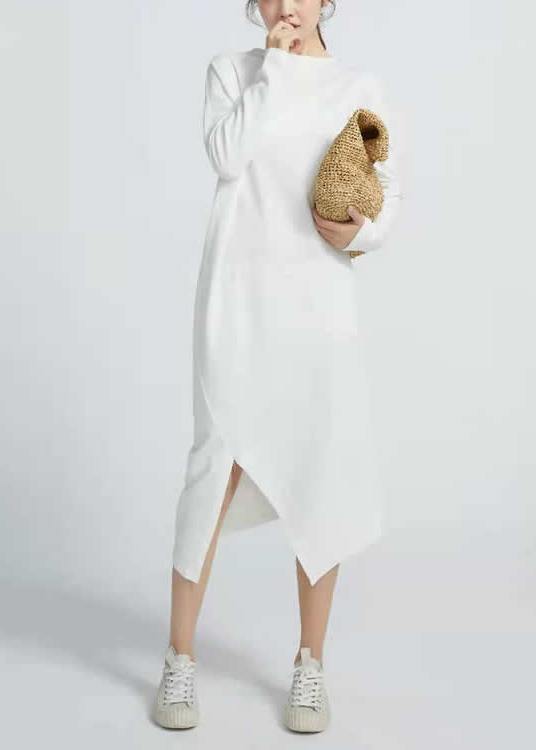 Natural White Cotton Tunics Side Open Maxi Long Sleeve Dresses
