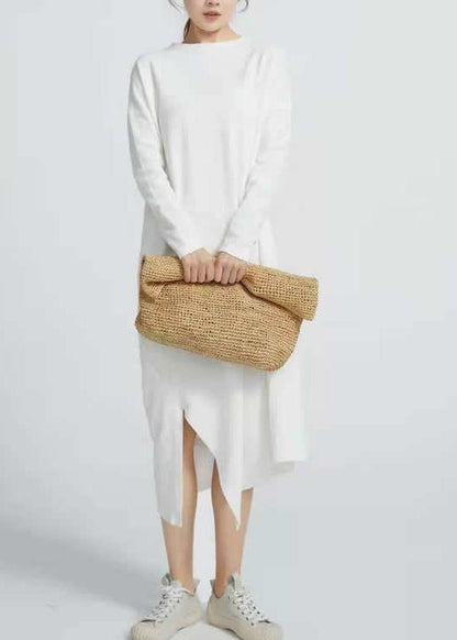 Natural White Cotton Tunics Side Open Maxi Long Sleeve Dresses