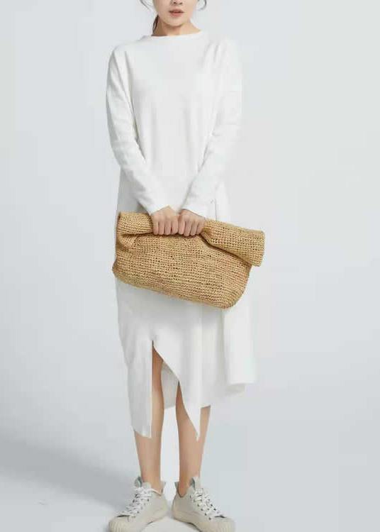 Natural White Cotton Tunics Side Open Maxi Long Sleeve Dresses