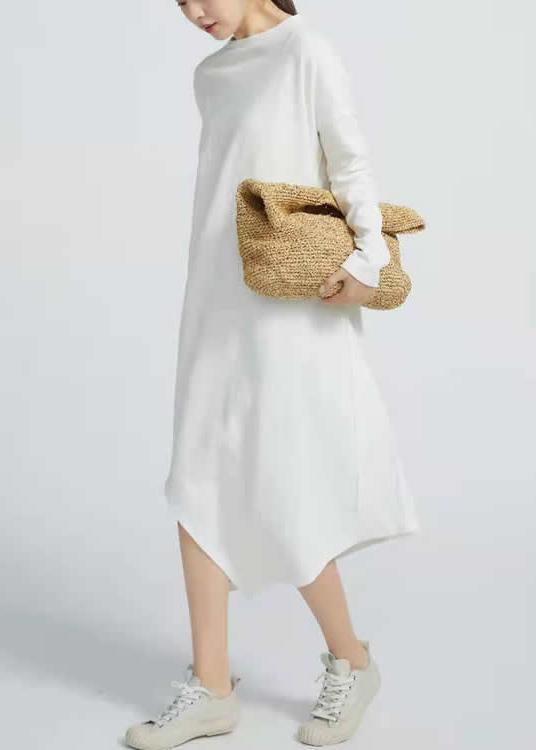 Natural White Cotton Tunics Side Open Maxi Long Sleeve Dresses