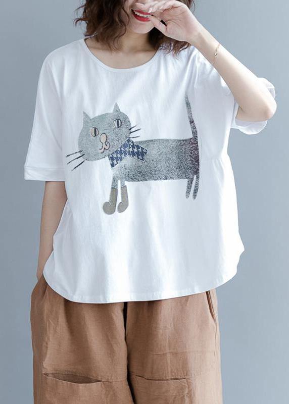 Natural White Cotton Box Top Indian Cotton Short Sleeve Animal Round Neck Blouse