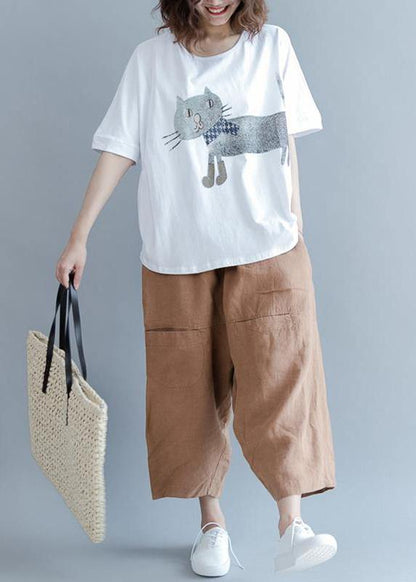 Natural White Cotton Box Top Indian Cotton Short Sleeve Animal Round Neck Blouse