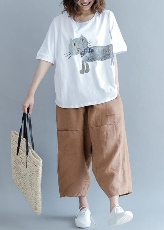 Natural White Cotton Box Top Indian Cotton Short Sleeve Animal Round Neck Blouse