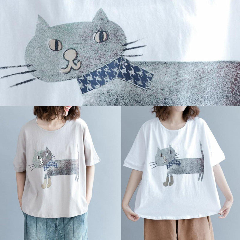 Natural White Cotton Box Top Indian Cotton Short Sleeve Animal Round Neck Blouse
