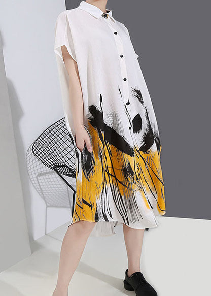 Natural White Low High Design Peter Pan Collar Print Shirt Dress Spring