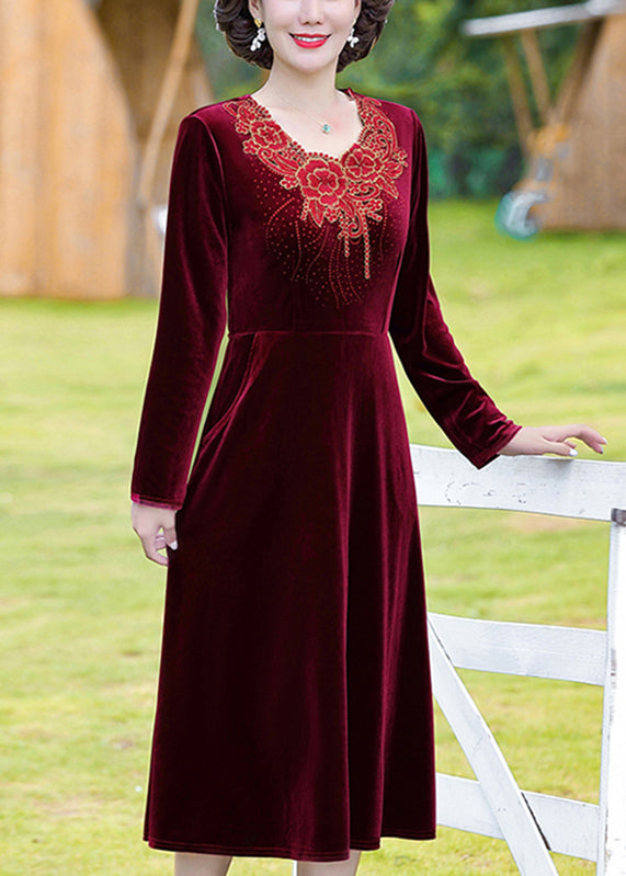 Natural Wine Red O-neck Patchwork Silk Velour Long Dress Fall