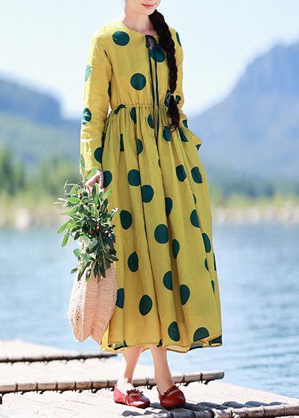 Natural Yellow Dotted Tunic Dress O Neck Pockets Art Dress