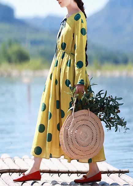 Natural Yellow Dotted Tunic Dress O Neck Pockets Art Dress