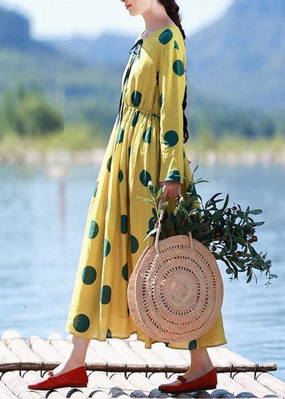 Natural Yellow Dotted Tunic Dress O Neck Pockets Art Dress