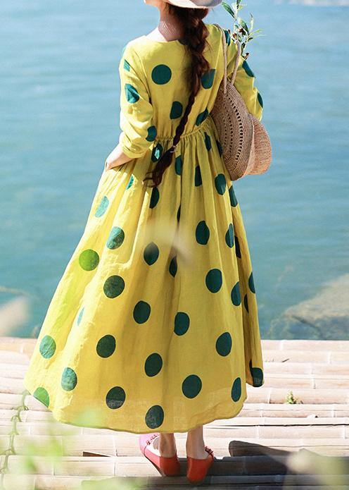 Natural Yellow Dotted Tunic Dress O Neck Pockets Art Dress