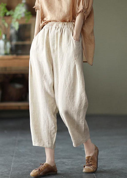 Natural White Polka Dots Elastic Waist Summer Linen Harem Pants