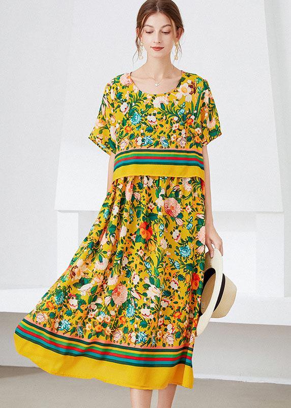 Natural Yellow Loose O-neck Print Summer Robe Dresses Half Sleeve