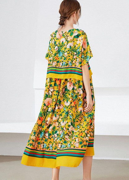Natural Yellow Loose O-neck Print Summer Robe Dresses Half Sleeve